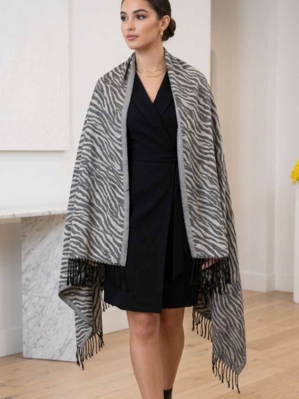 Zebra Print Pashmina Wrap Scarf Light & Dark Grey 28x80